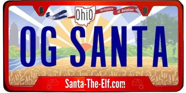 License plate, OG SANTA, on Santa's sleigh, 2016 red Chevy pickup